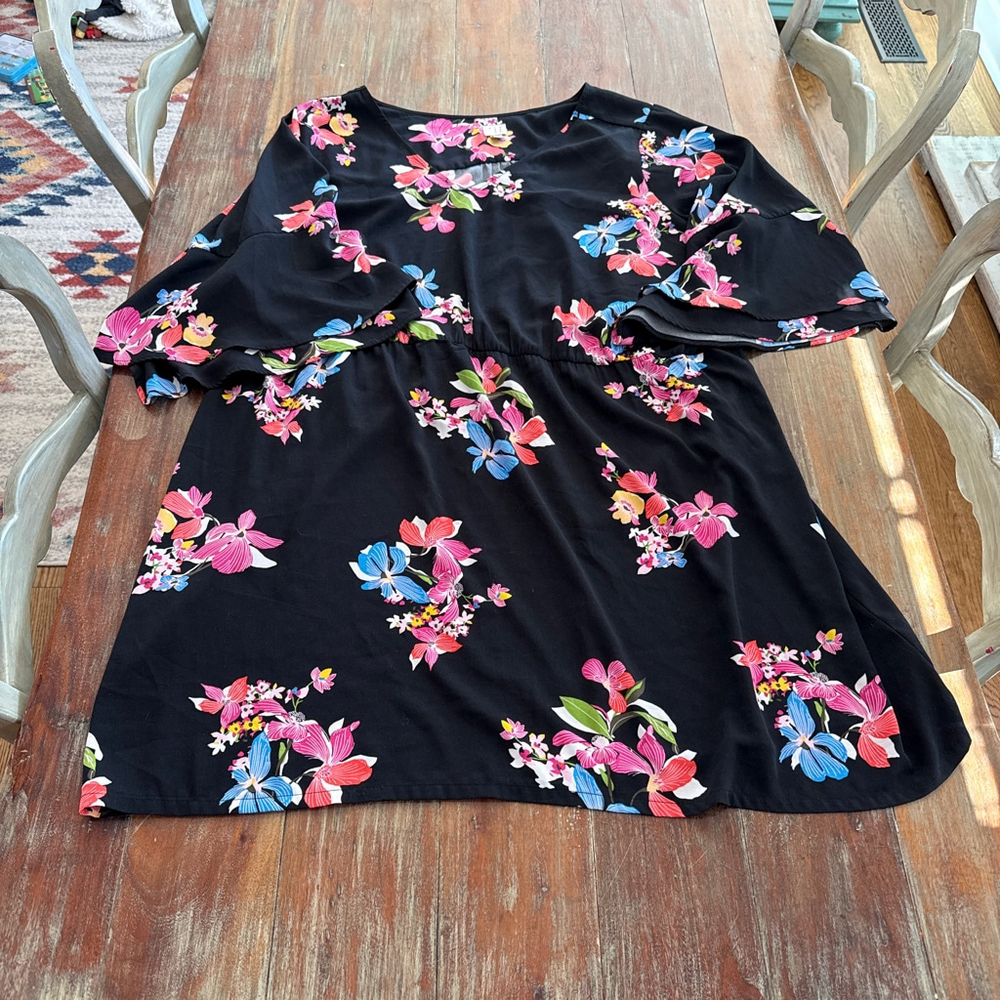 A New Day Black Floral Mini Dress 4X Bell Ruffle Sleeve